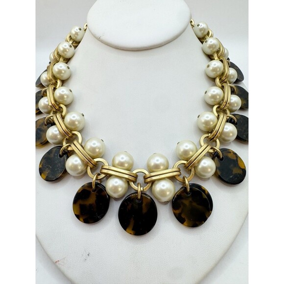 J. Crew Faux Pearl Chunky Necklace Tortoise Shell Dangles Brushed Gold Tone - Picture 4 of 8